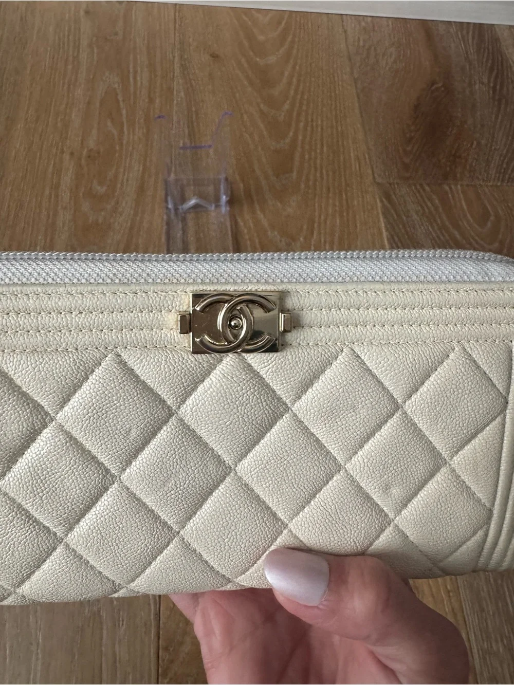 CHANEL Cream Quilted Zip Wallet with Gold CC